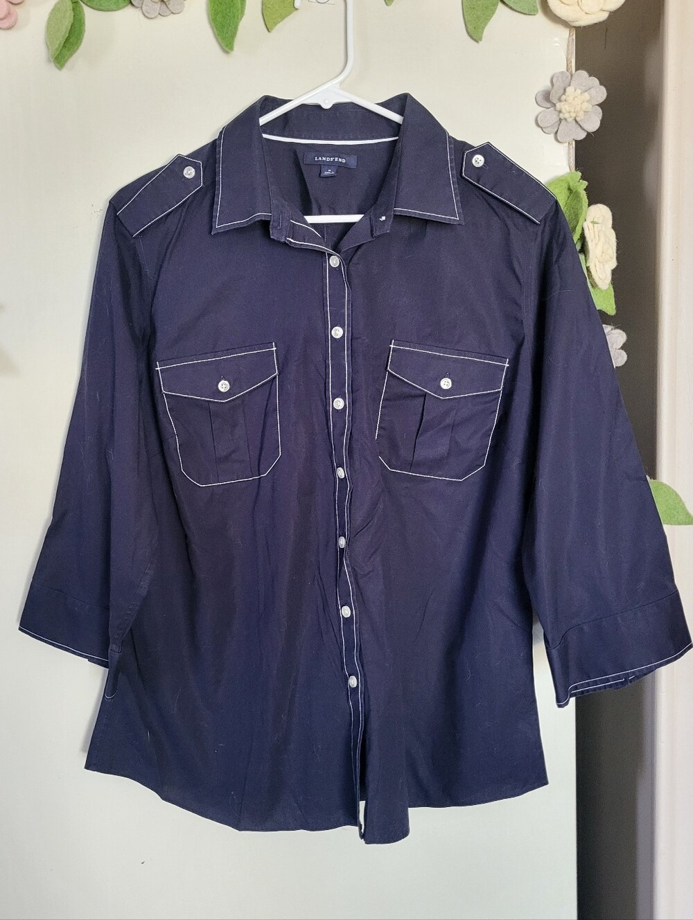 Lands End Navy Western Style Button Up